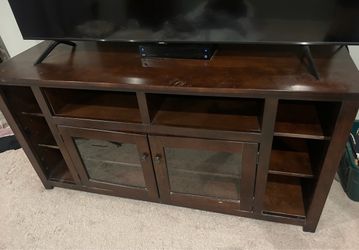 Dark Brown Wood TV Stand with Glass Doors