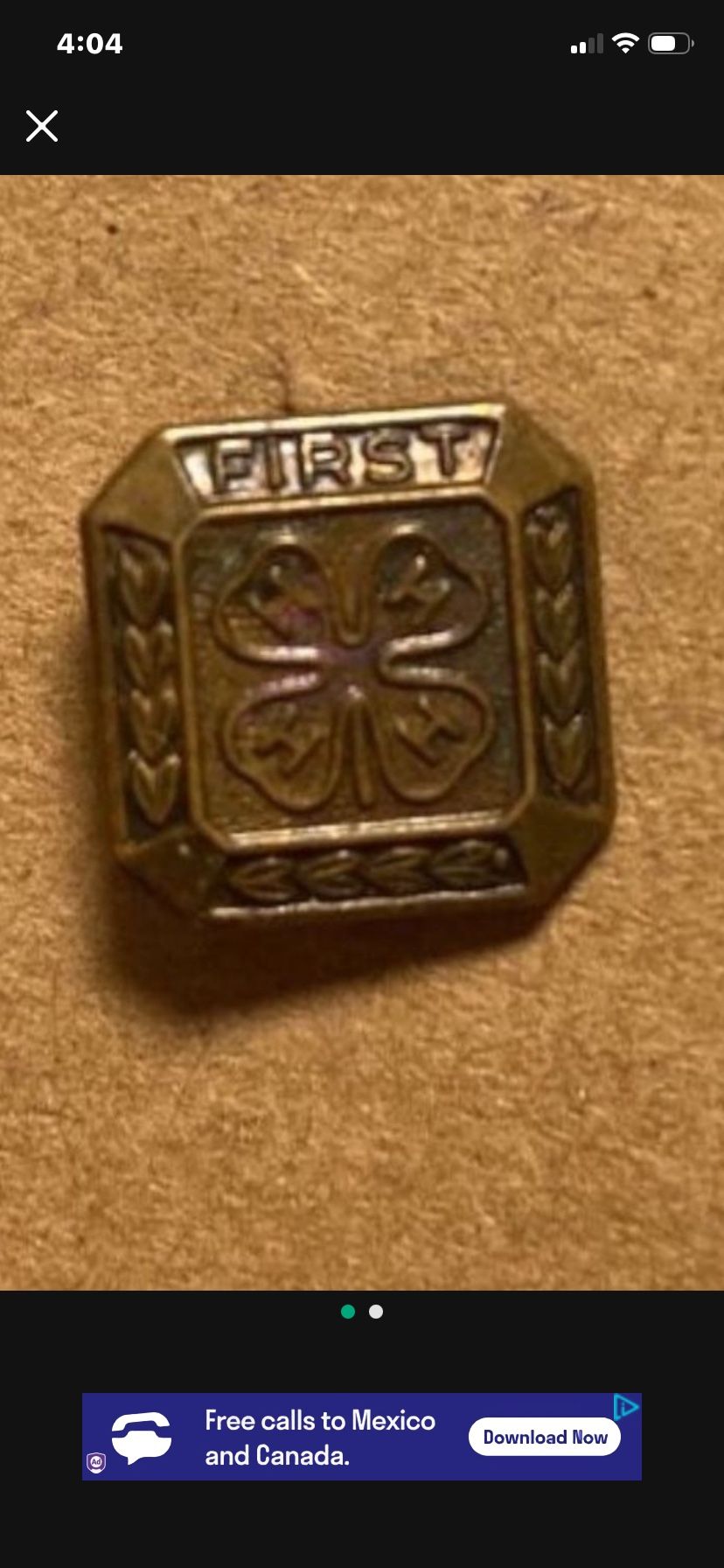 Vintage Bronze Square Small 4-H Club Pin Metal FIRST Mini Tiny Clover 4 H