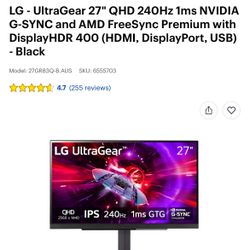 LG UltraGear 27” Gaming Monitor 240hz