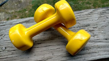 Set of 2 yellow 4.5 rubberized grip dumbbells