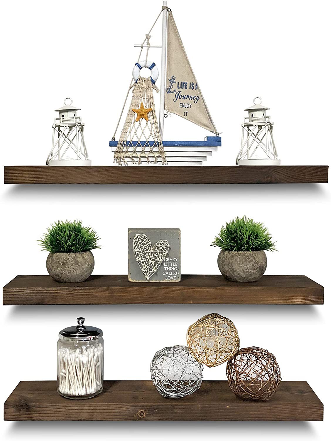 Rustic Farmhouse 3 Tier Floating Wood Shelf - Real Hardwood Floating Wall Shelves (Set of 3), Hardware and Fasteners Included (Walnut, 24")