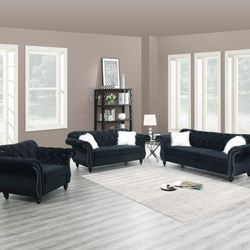 Brand New Black Velvet 3pc Sofa Set