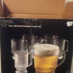 Crystal Ice 7 Pc Pitcher & Handles Cooler Set( Vintage )