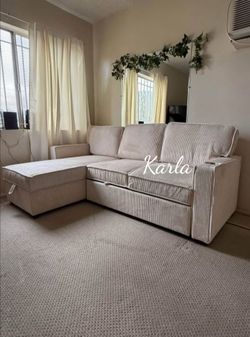 Gorgeous 2-pc Sectional sofa with pull-out bed & storage ivory Corduroy new in box
