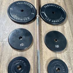   Los Angeles Paramount / Hollywood Standard Plates (plus 10s and 5s)  & 6 ft Standard Gently Used Bar [Total: 100 lbs].