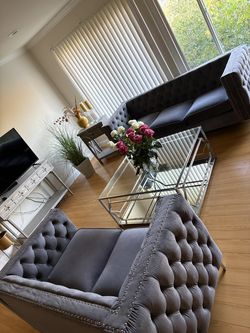 Gray suede couch set.