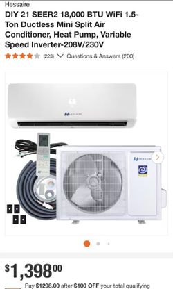 DIY 21 SEER2 18,000 BTU WiFi 1.5- Ton Ductless Mini Split Air Conditioner, Heat Pump, Variable Speed Inverter-208V/230V