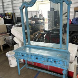 HANDMADE HAND CARVED Blue Antique Vanity With Mirror