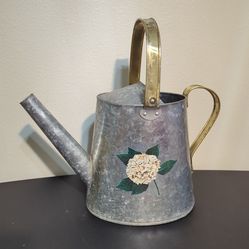 Vintage Galvanized Metal Watering Can with Hydrangea blossom art