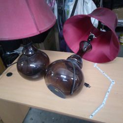 1  Of Black Glass Lamps, With Red Shades, 