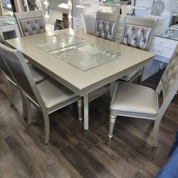 Brand New Dining Set Table 6 Chairs Silver Solid Wood $899