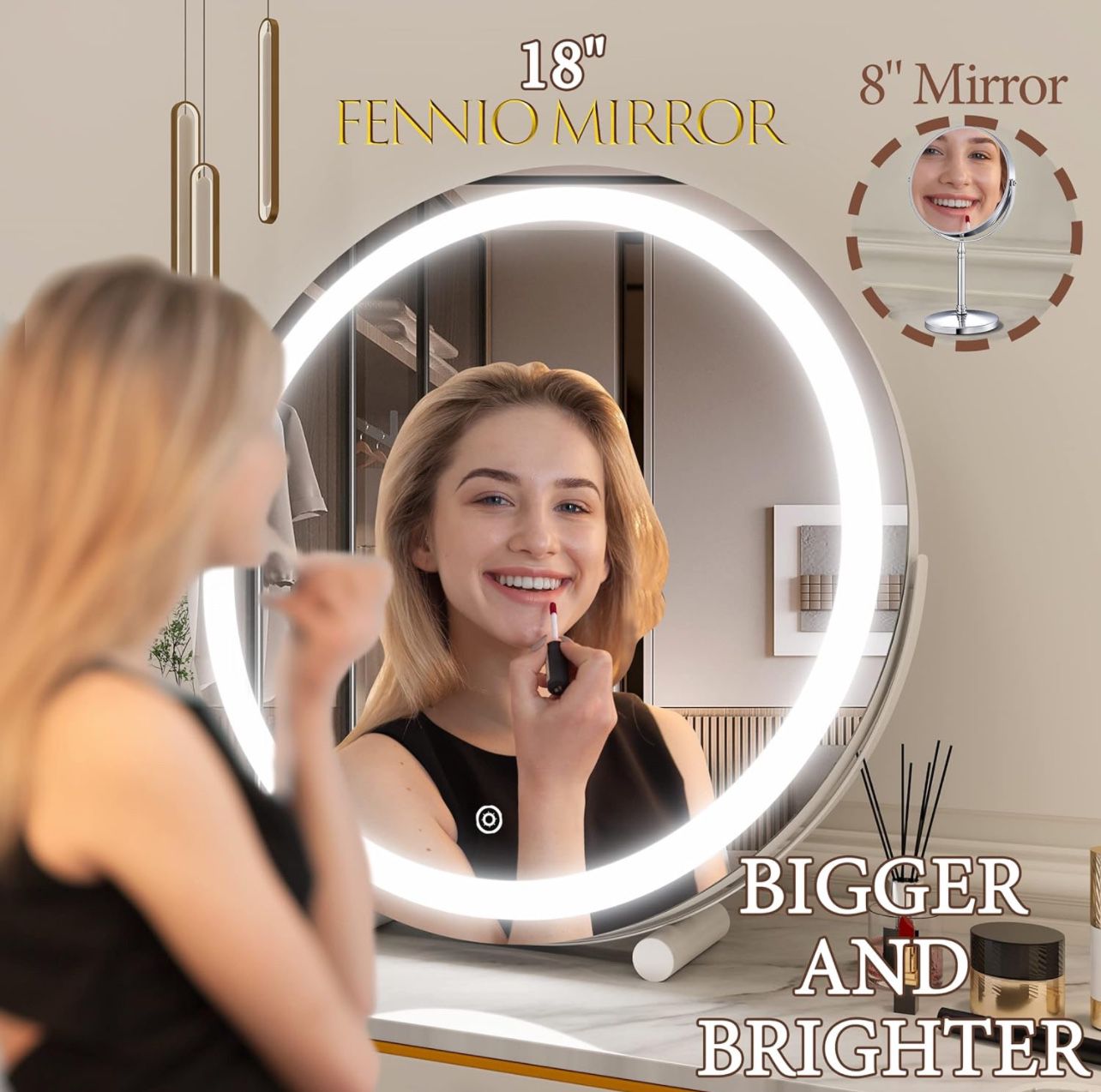 Vanity Mirror with Lights, 18 inch COB LED Lighted Makeup Mirror, Round Makeup Mirror with Lights with 3-Color Lighting, 360° Rotation, Dimmable for T