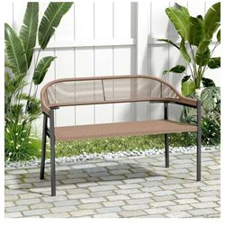 46.8 Inches Outdoor Bench,Wicker Frame Patio Bench, All Weather Outdoor Bench with Rattan Backrest Armrests and Metal Legs for Lawn, Front Porch, Park