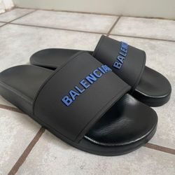 Balenciaga Black Slides w Blue Letters