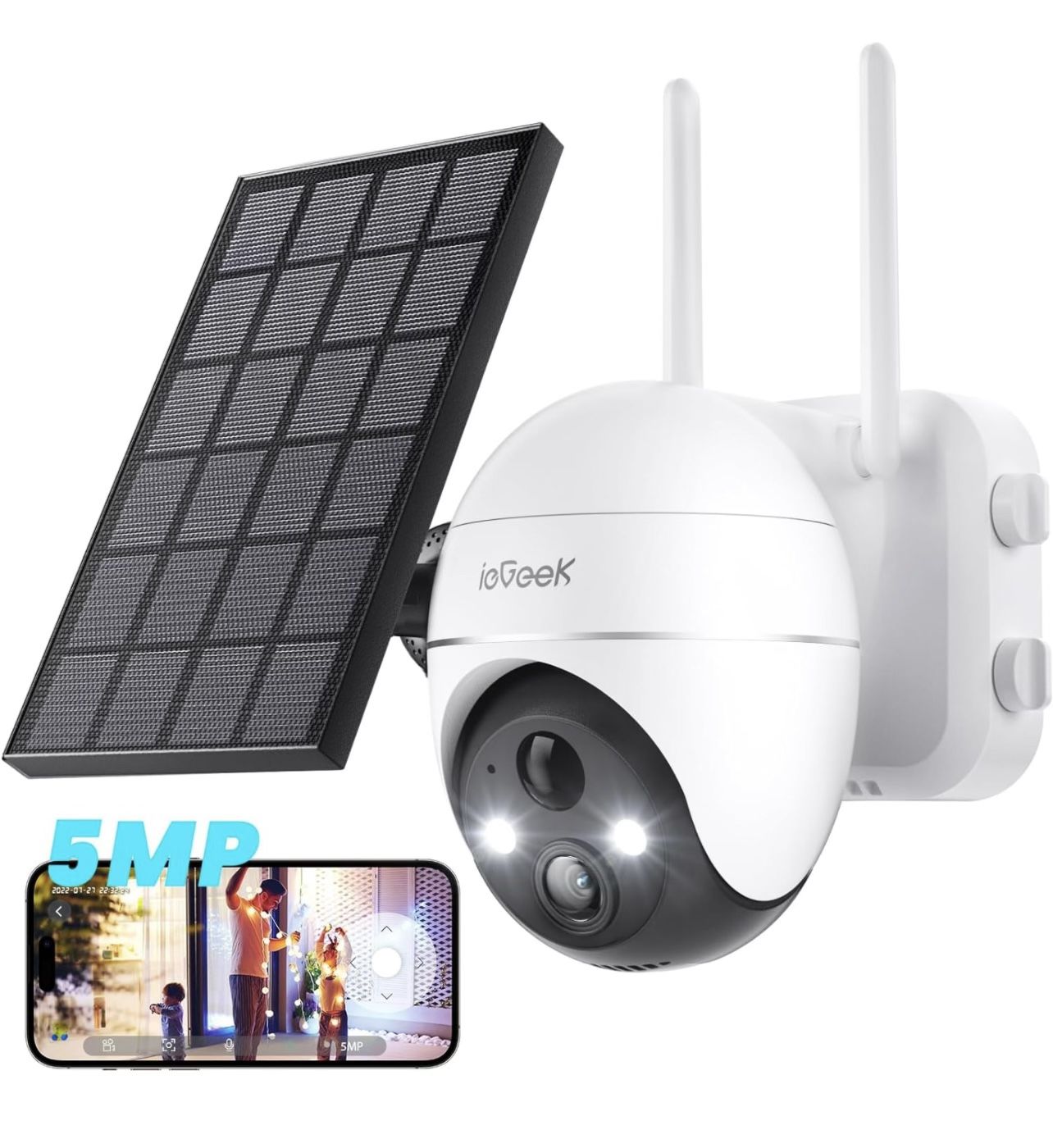 BRAND NEW IN BOX ieGeek 5MP Security Cameras Wireless Outside, Solar Camera Outdoor Wireless WiFi 360° PTZ Battery Powered with Spotlight & Siren