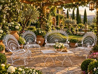 Vintage Salterini-Style Peacock Wrought Iron Patio Set | 7 Pieces | Romantic Garden Collection