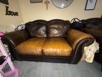 4-Piece Brown Leather Living Room Set with Nailhead Trim