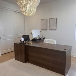 Modern Executive L-Shaped Office Desk – Dark Wood Laminate with Storage