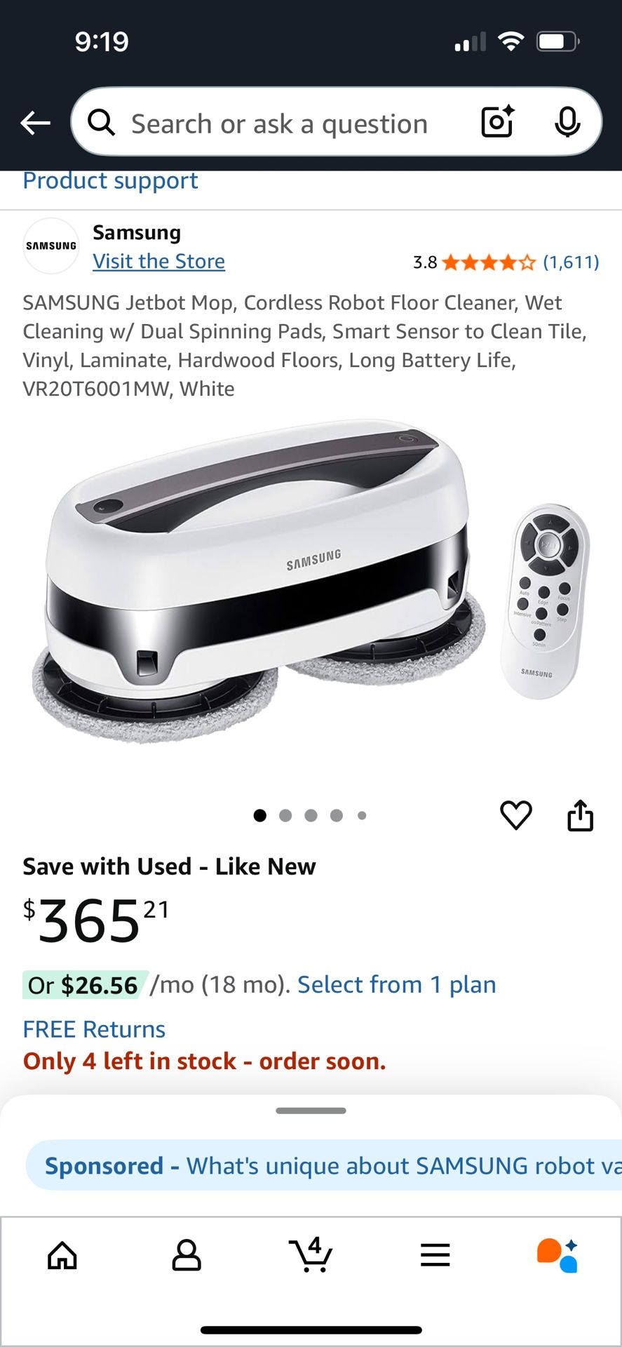 9.5 New SAMSung Jetbot Mop, Cordless Robot Floor Cleaner