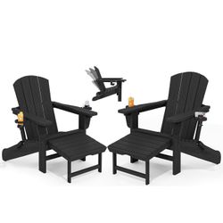SERWALL Adirondack Rocking Chair Set of 2 with Retractable Ottoman and Cup Holders, HDPE Adirondack Rocker Patio Rocking Chair for Porch, Patio, Balco