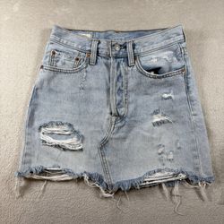 Levis Premium Denim Jean Skirt Women’s 24 Blue Distressed Button Fly Big E #756
