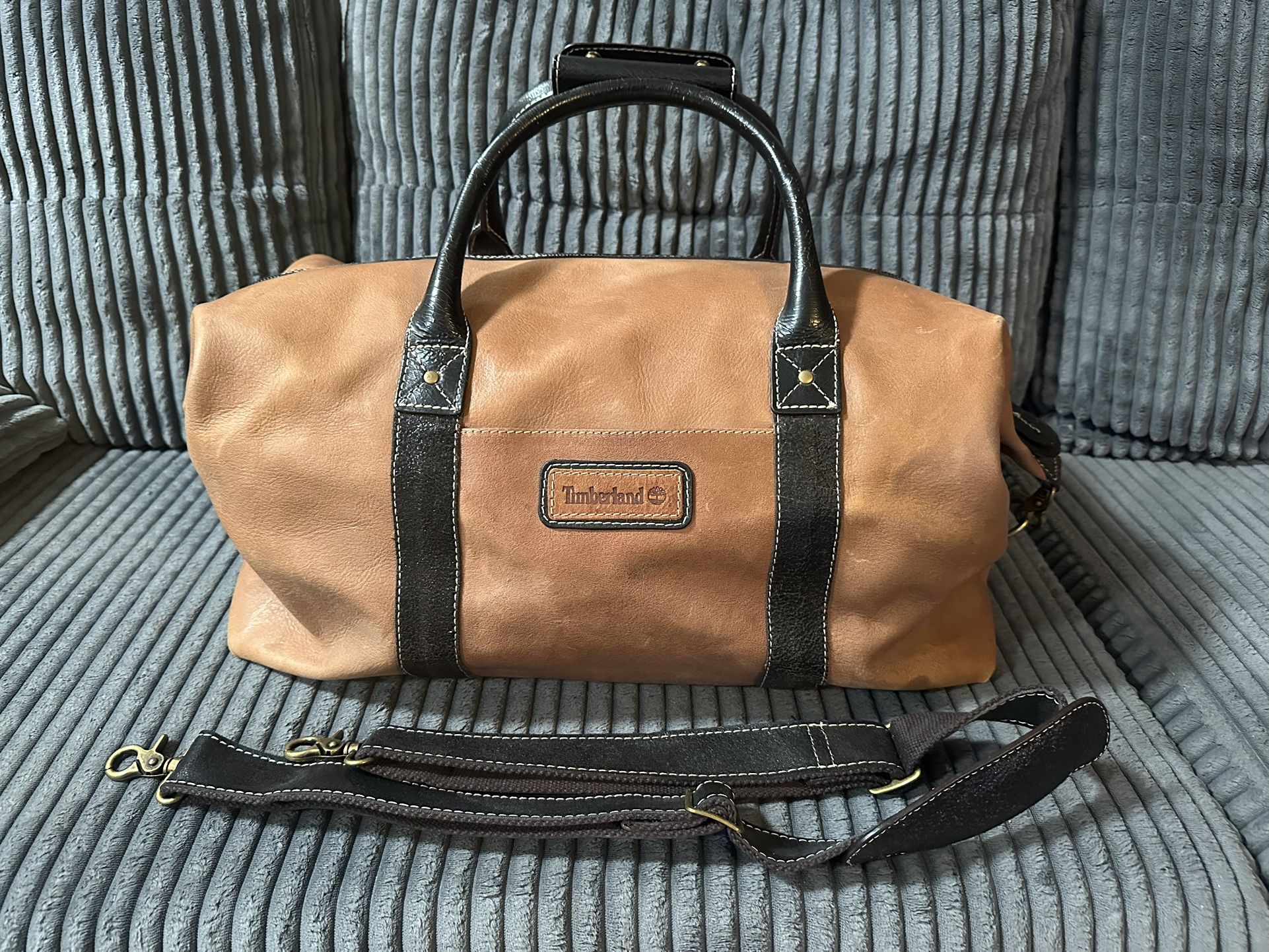 vintage Timberland Travel Bag Brown With Black Leather Carry On
