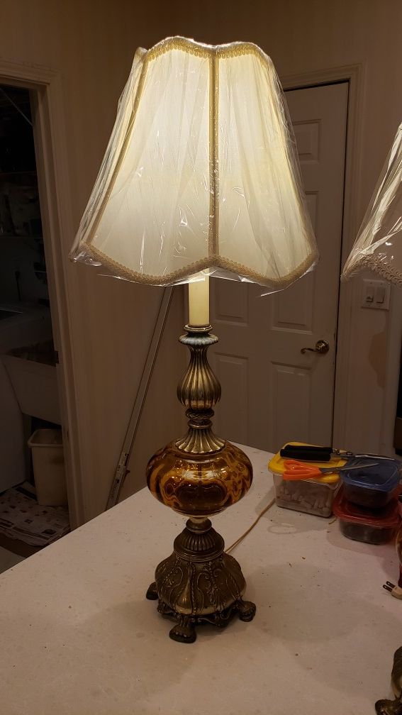 Antique Vintage 1930s lamps. 30" high. Brass & Amber glass. Hollywood Regency Moderne Design Style. Very Rare! Lamp shades not original. Two for $600