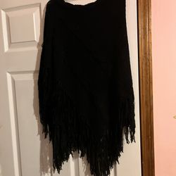 Girls Black Fringed Over The Head Poncho 