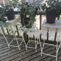 Set Of 3 Iron & Granite Plant Stand Tables 