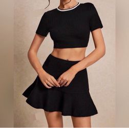 Black Ribbed Crop Top and Skirt Set