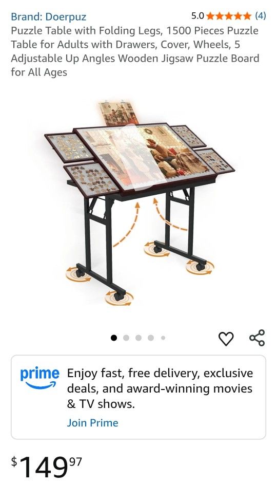 Puzzle Table with Folding Legs, 1500 Pieces Puzzle Table for Adults with Drawers, Cover, Wheels, 5 Adjustable Up Angles Wooden Jigsaw Puzzle Board for