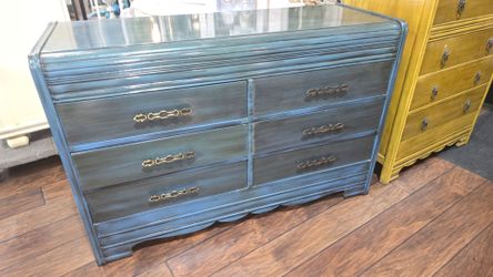Blue 1940s waterfall double dresser 6 drawer