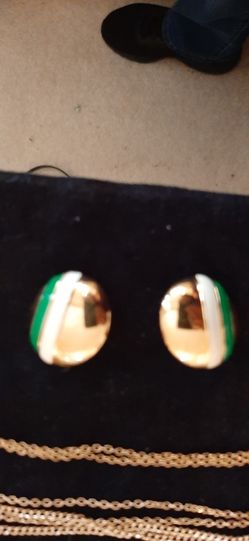 Vintage Monet Gold-tone , Green and White earrings