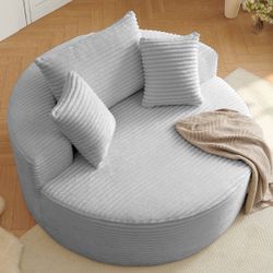 Large 55-inch round indoor chaise lounge, corduroy sponge single sofa, large round cloud chairs, modern living room chair, chairs with wide armrests