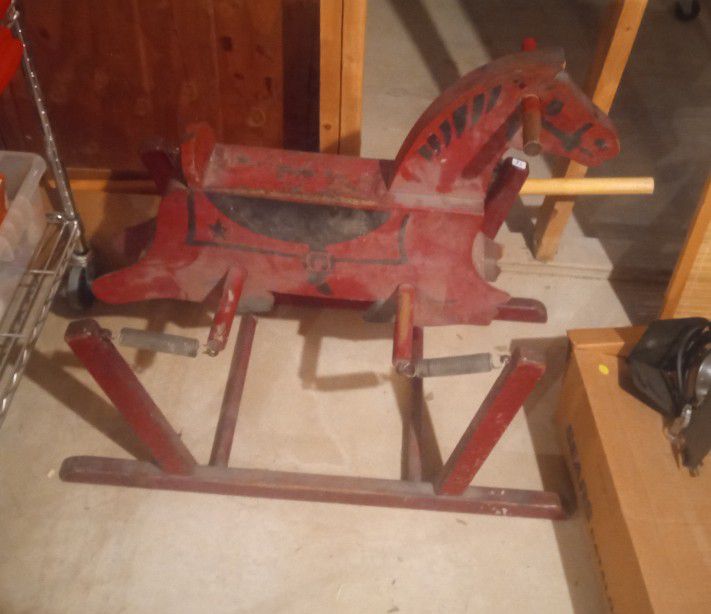 VINTAGE 1940'S ORIGINAL PAINTED RED AND BLACK WOODEN ROCKING HORSE.