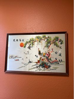 Vintage Chinese Silk Embroidery Art “Hundred Birds Phoenix” Framed