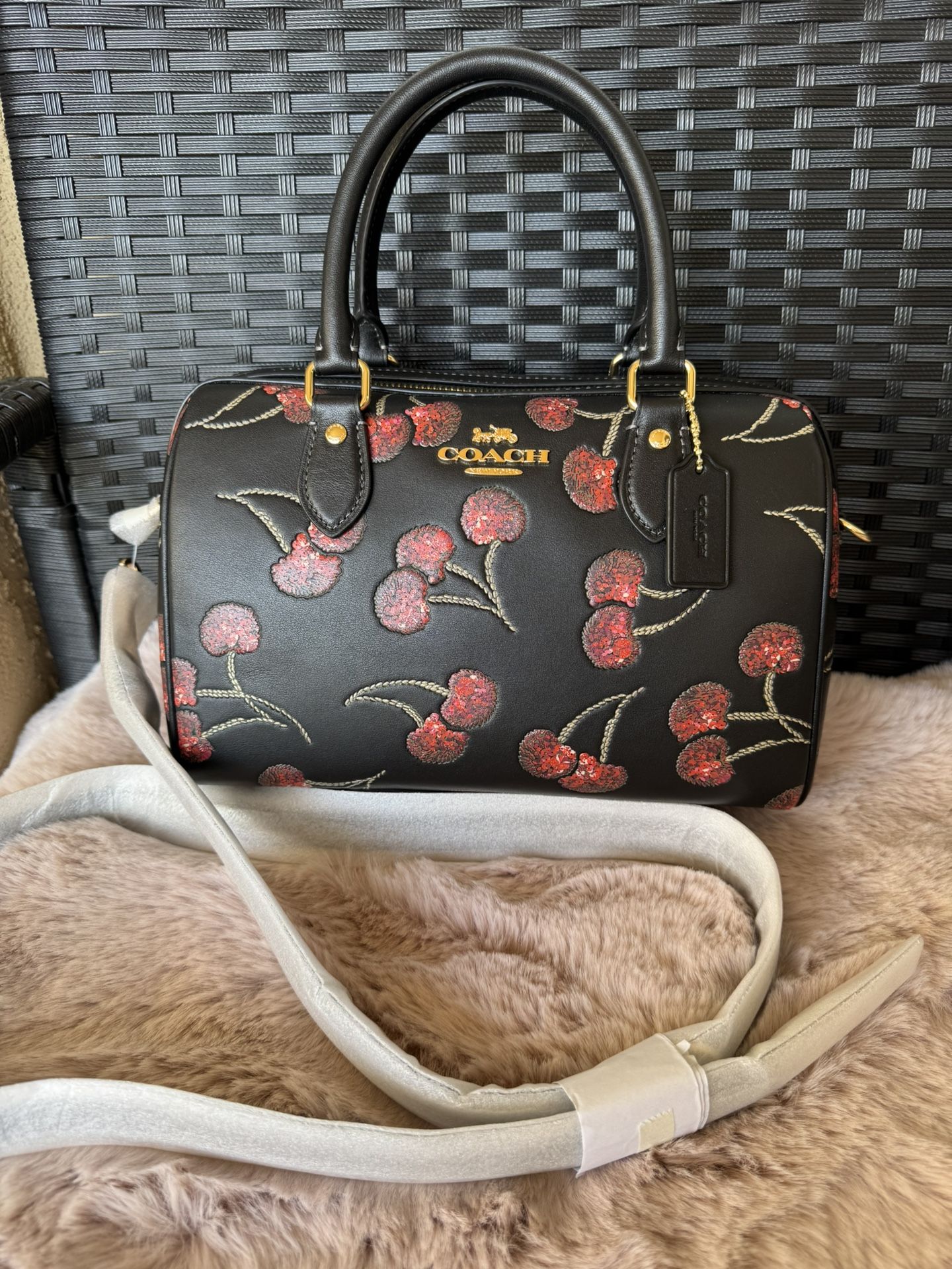 Coach CCZ15 Rowan Satchel Bag in Leather with Cherry Print Black Multi NWT