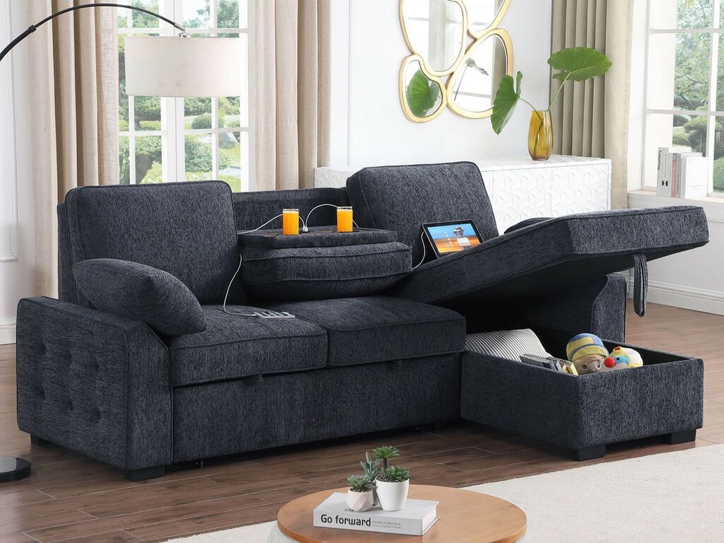 91” Sectional Sofa Bed In Dark Gray