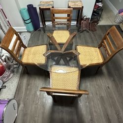 48” Glass Diner Table Wood And Wicker Chairs
