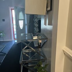 Silver And Glass Table Set With Lamps