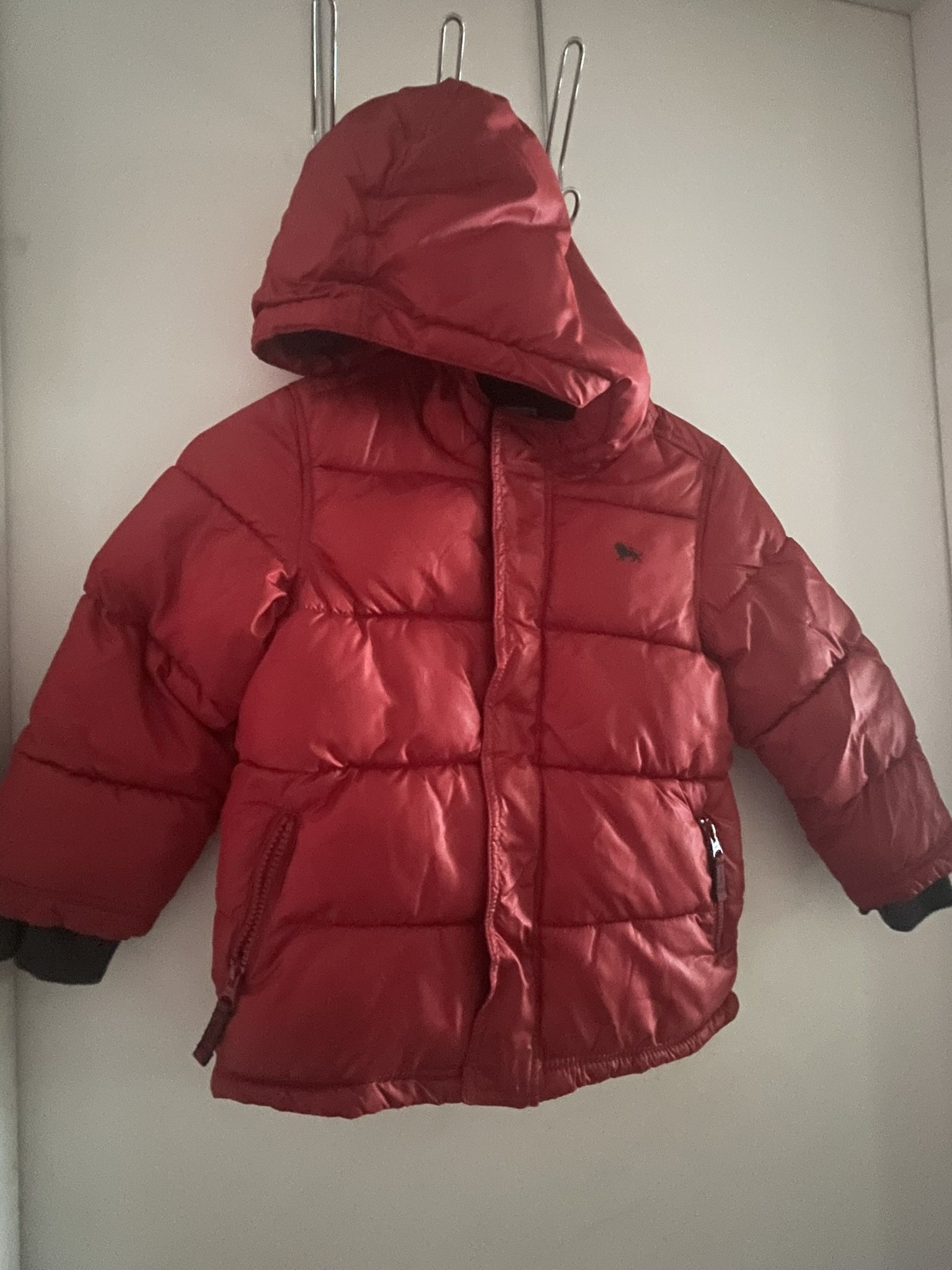 Old Navy Red Hooded Puffy Jacket With Buttoned Waist Strap Zipper And Velcro Cover Up And Pockets * $8. Firm 