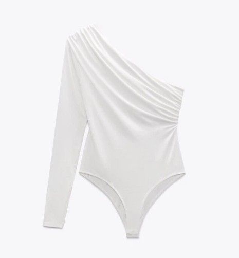 NWT! Classic White ZARA Asymmetric One Sleeveed Bodysuit With Gathering Size S