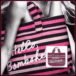 NEW VICTORIA'S SECRET PINK BLACK HELLO BOMBSHELL GLITTER BLING STRIPED TOTE DUFFLE BAG PURSE SATCHEL