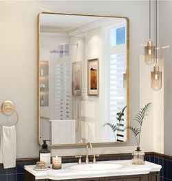 NIB 28x36 Gold Framed Bathroom Mirror, Brushed Gold Metal Vanity Mirror, Rectangle Modern Mirror for Wall, Rounded Corner, Tempered Glass, Anti-Rust, 
