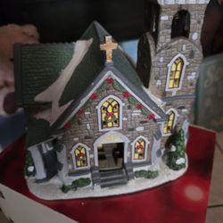 St. Nicholas Square Christmas Village Illuminating Stone Church Bell Tower