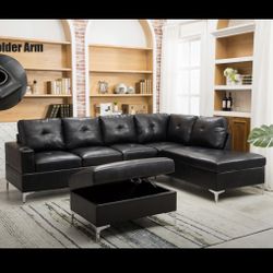 Black Leather Living Room Sectional With Ottoman - Delivery And Financing Available 