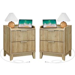 Wnutrees Fluted Nightstand with Charging Station, Modern Bedside Table with 2 Drawers, Farmhouse Wooden End Side Table for Living Room, Natural