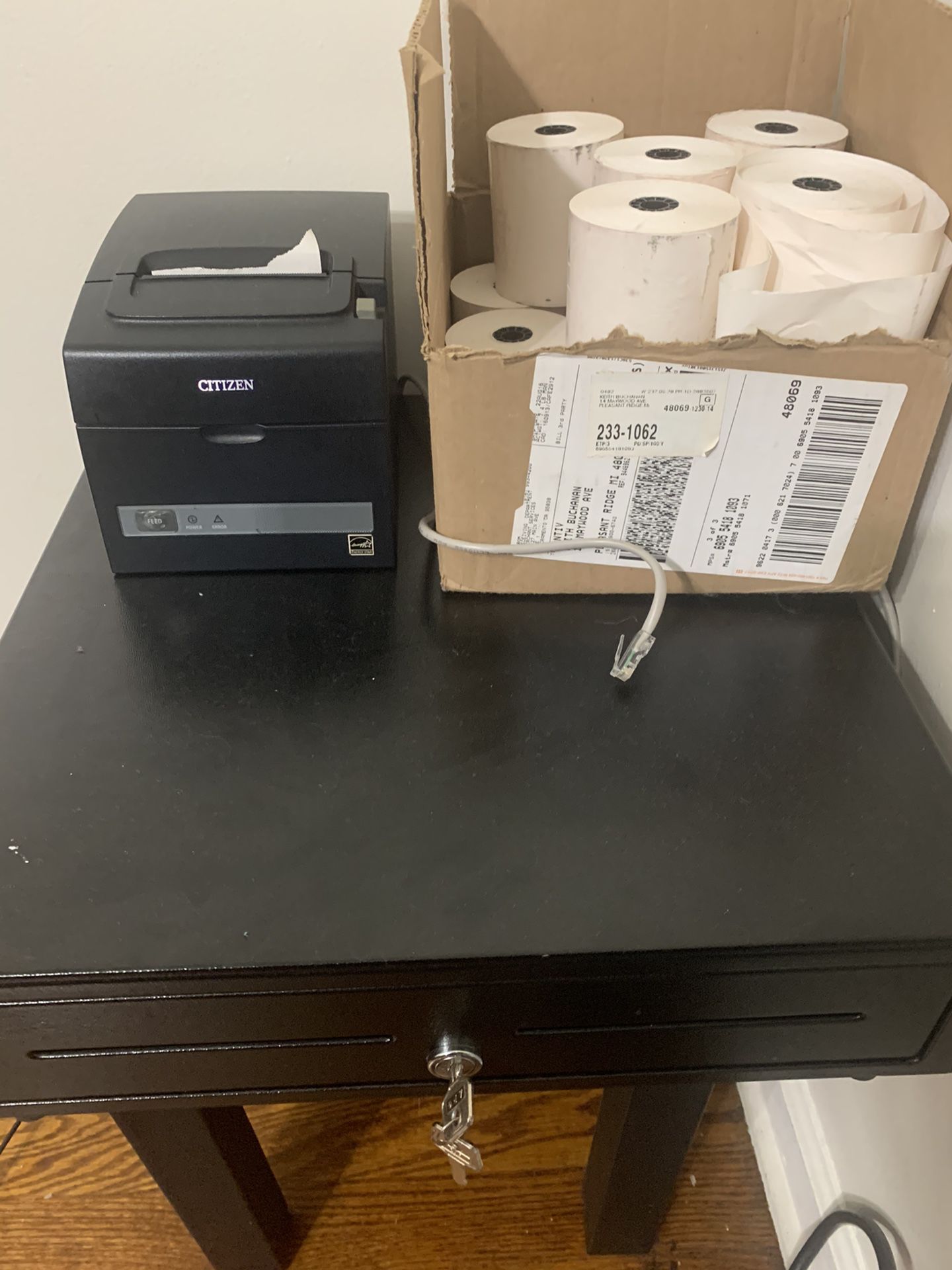 POS cash drawer, receipt printer and paper