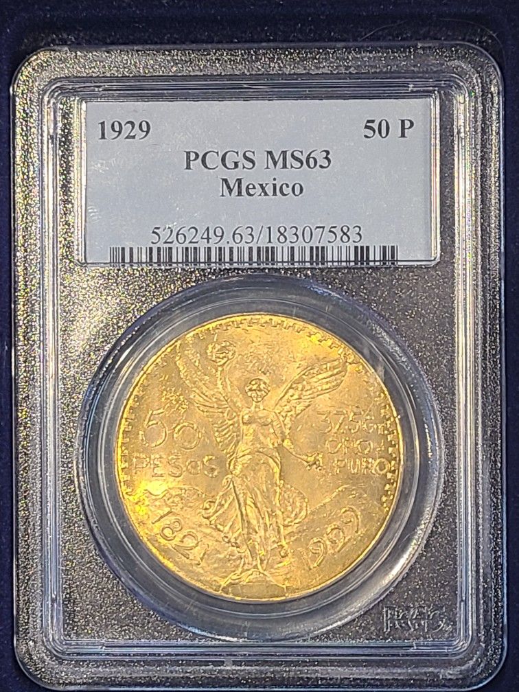 1929 50 Gold Pesos Mexico Centenario PCGS MS-63 ORO Coin