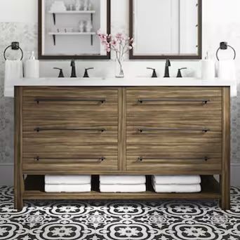allen + roth Kennilton 60-in Gray Oak Undermount Double Sink Bathroom Vanity with White Carrera Engineered Stone Top
